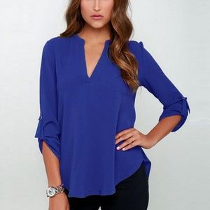 Sexy Women V-neck Solid Chiffon Blouse - Blue